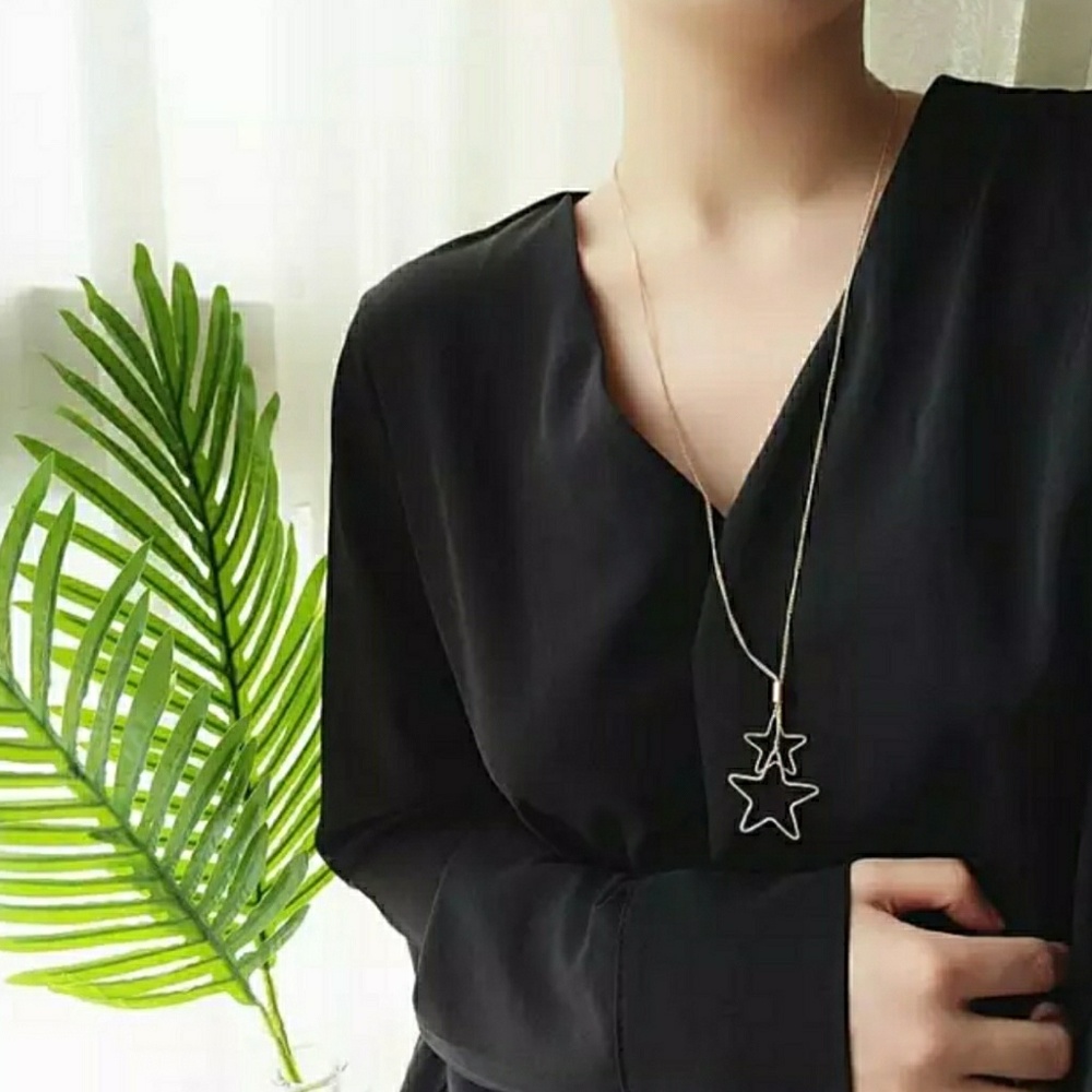 Silver Dual Drop Star Choker Necklace